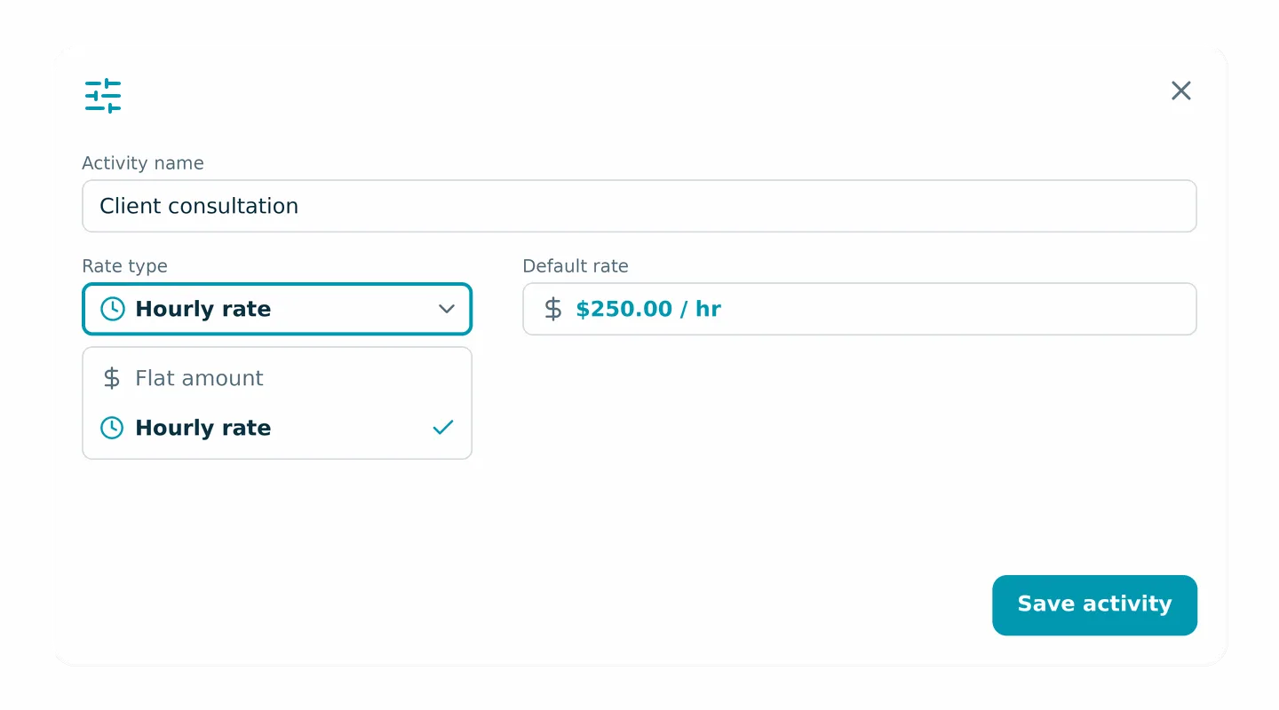 New/Edit Activity dialog with a Rate type dropdown showing Flat amount and Hourly rate options, Hourly rate selected, and a Default rate of $250.00 per hour.