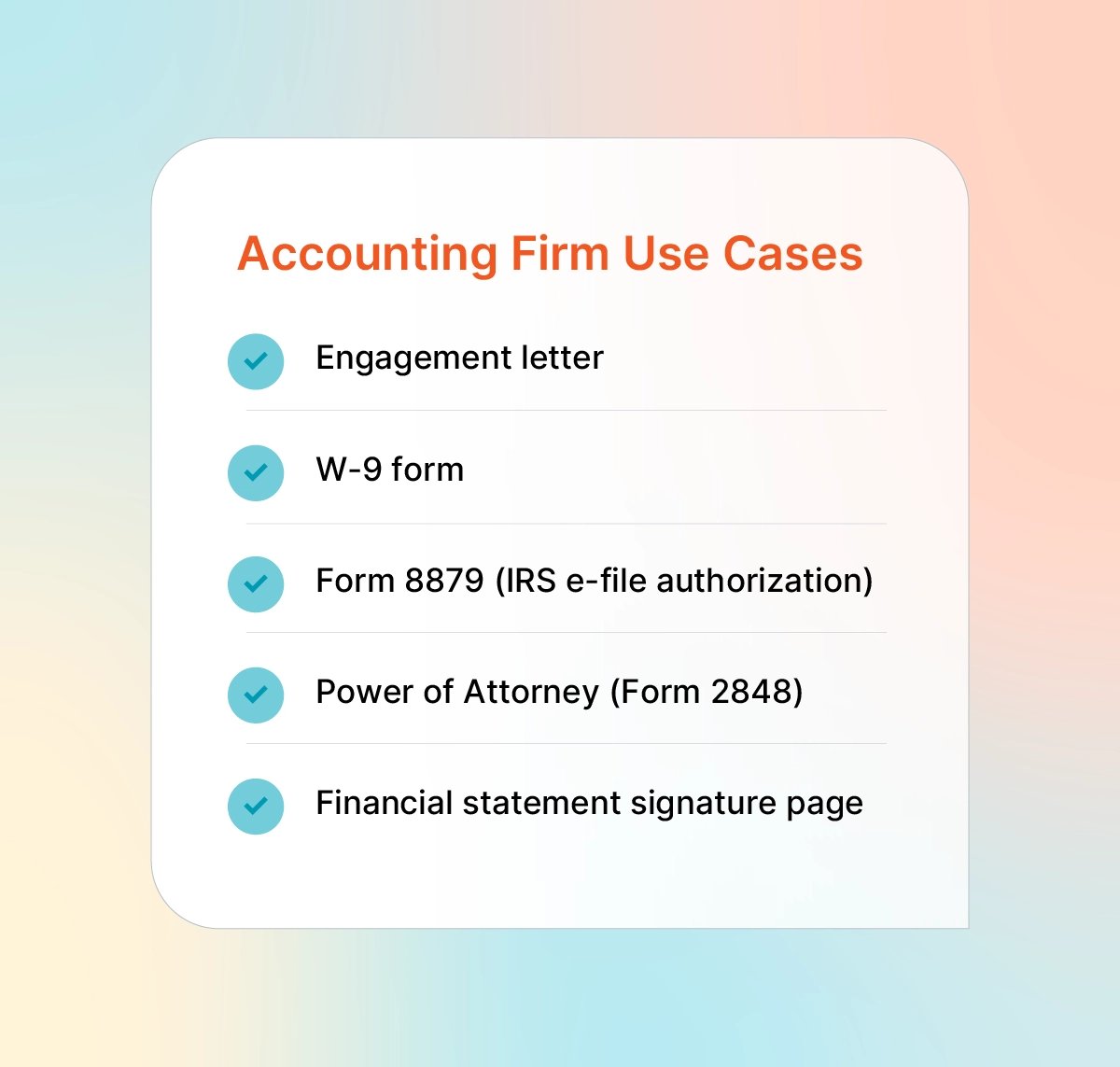 Accounting firm documents signed electronically, including engagement letters, Form 8879, W-9s, and financial statements.