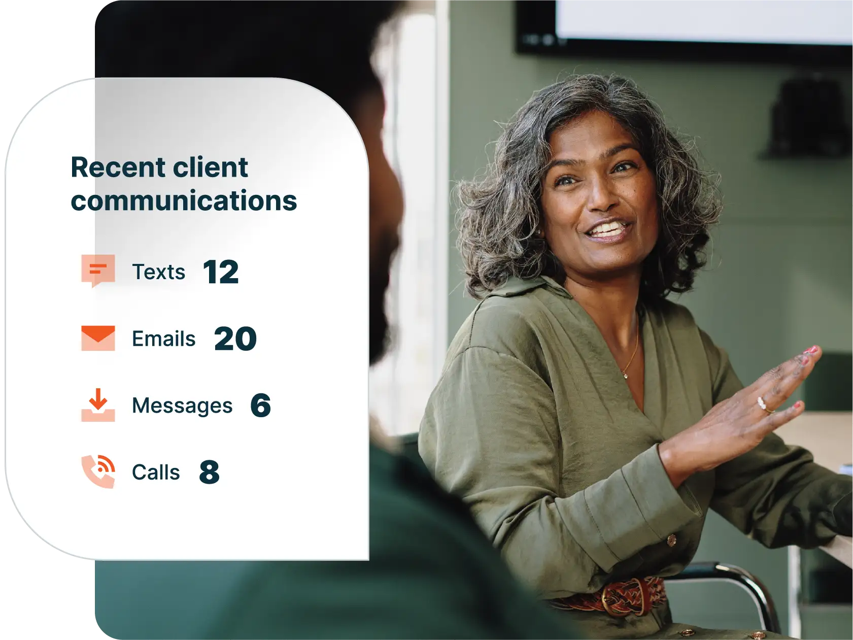 A woman wearing green in the middle of conversation, a pop up bubble shows recent client communication metrics