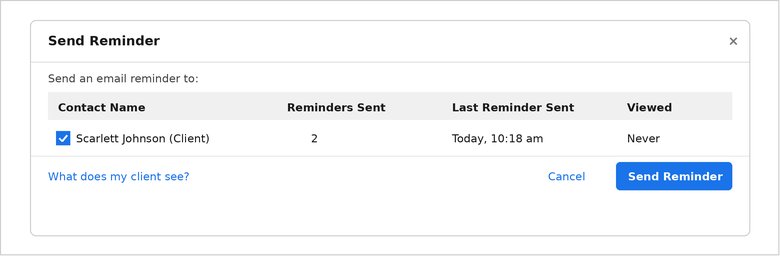 UI showing a send reminder to client option with history of previous reminders