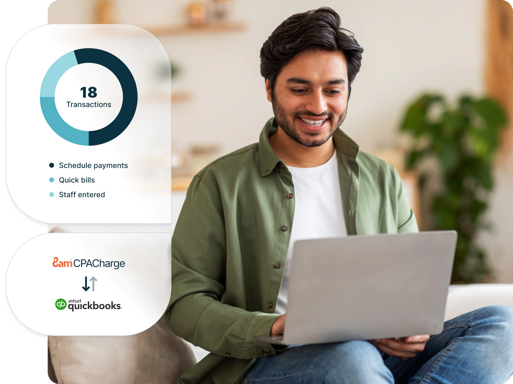 An image of a person using their laptop highlighting payments and integrations with CPACharge