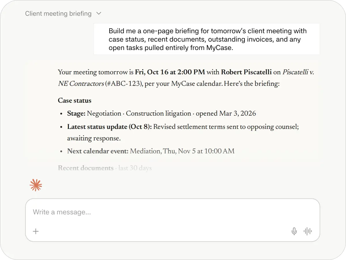 Mycase MCP Showing "build me a one page briefing for tomorrows client meeting"