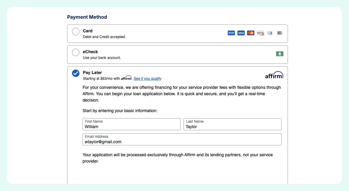 Checkout screen showing Pay Later with Affirm selected as the payment method.