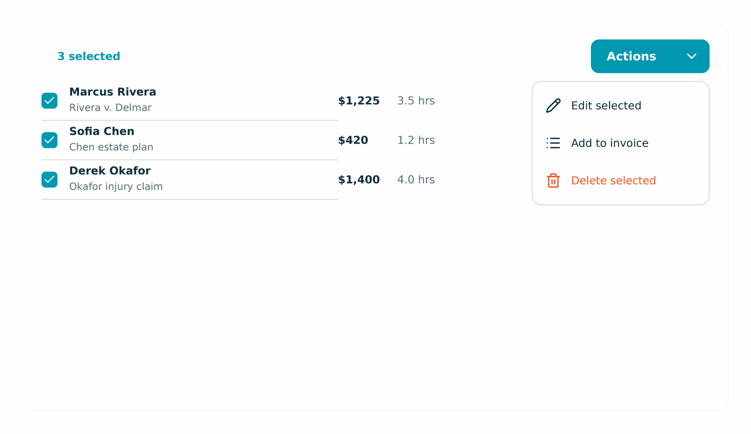 A MyCase Time Entries billing page with several time entries selected and an Actions menu open showing bulk options such as delete selected.