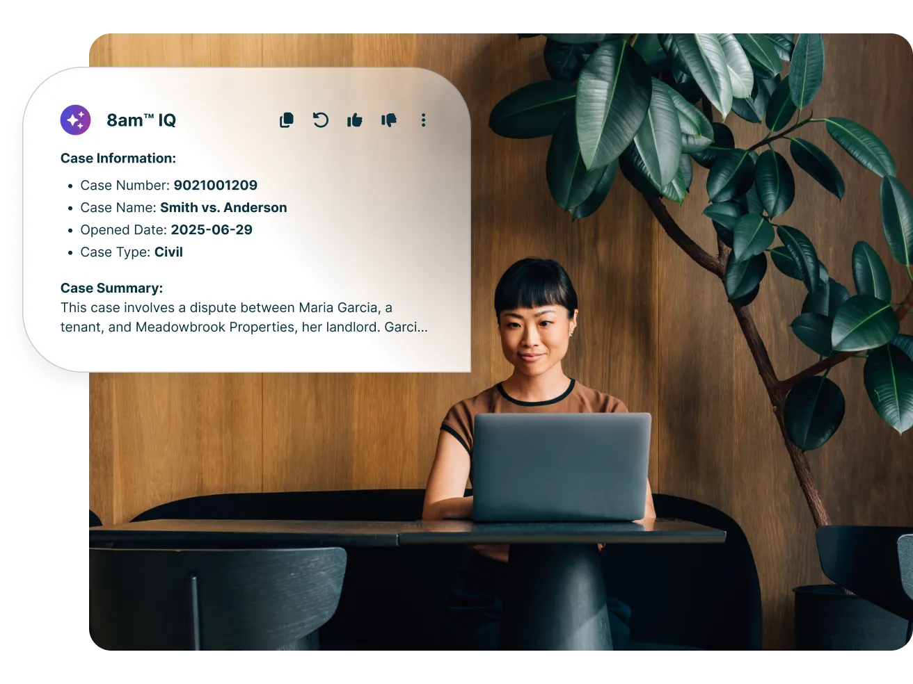 AI for law firms interface showing 8am™ IQ case summary (Smith vs. Anderson) while a legal professional works on a laptop, highlighting how AI helps law firms quickly access case details, summaries, and insights.