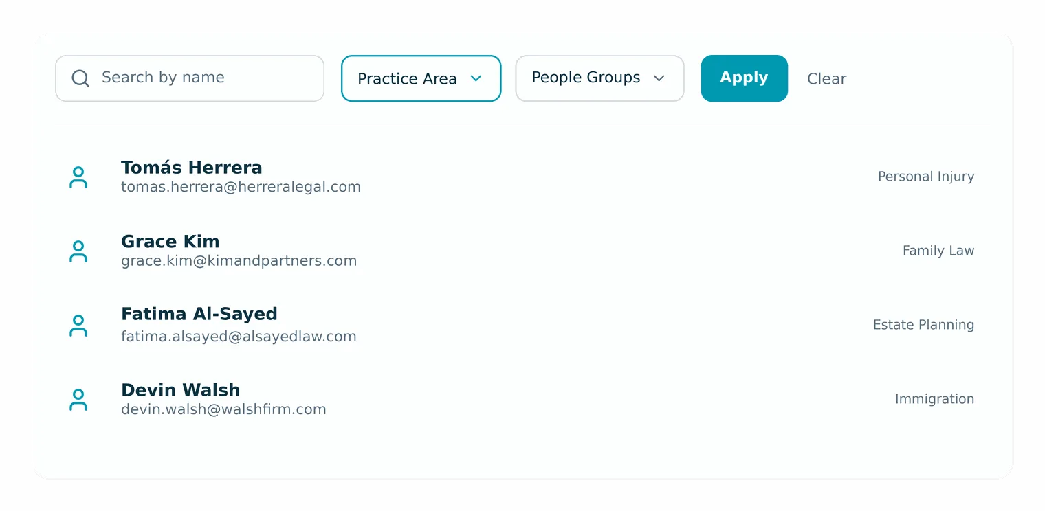 Contacts list with a name search box, a highlighted Practice Area filter and a People Groups filter with an Apply button, above rows of contacts each tagged with a practice area.