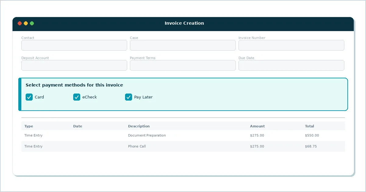 UI showing payment method options