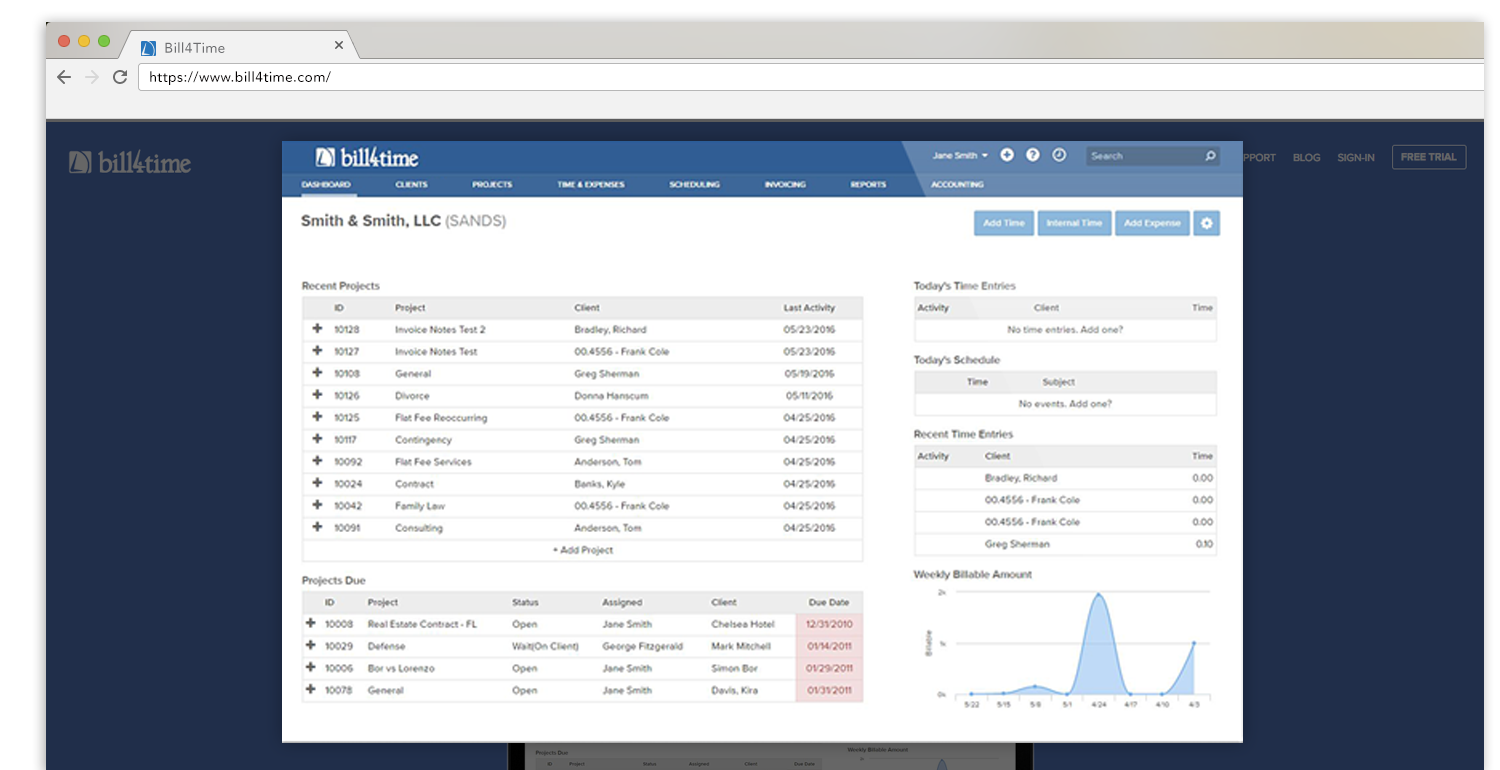 Bill4Time online dashboard showing the status of various projects