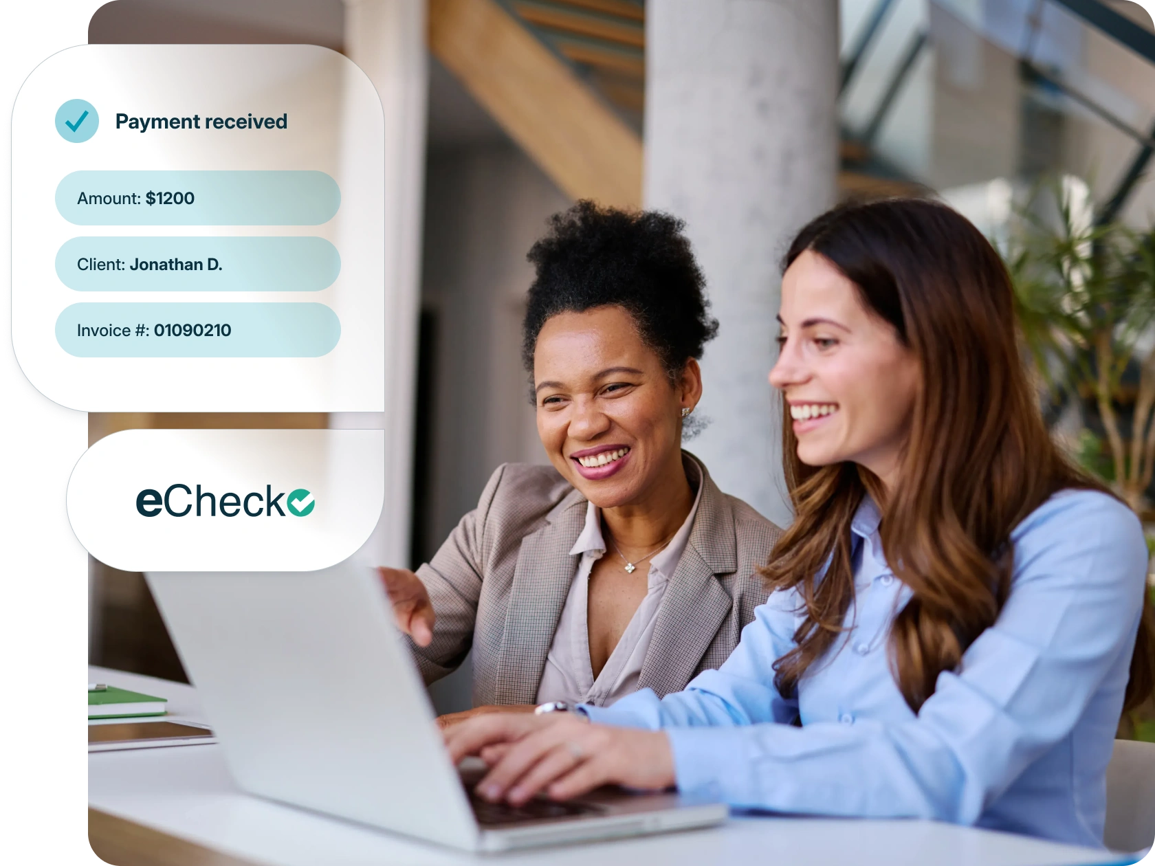 Two people looking at a laptop with a feature highlight for eCheck.