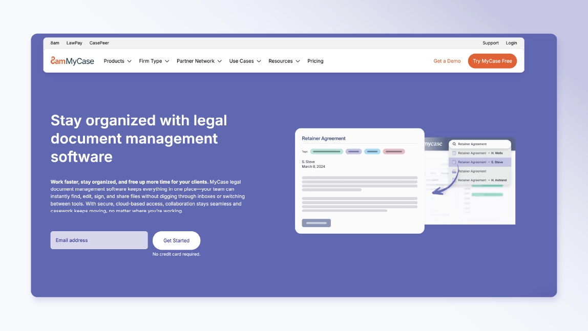 8am MyCase document management software landing page screenshot