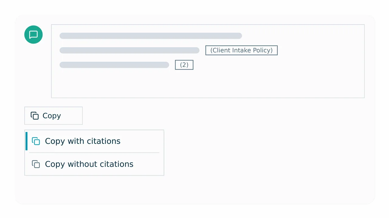 An 8am IQ response with a copy menu offering Copy with citations and Copy without citations options.