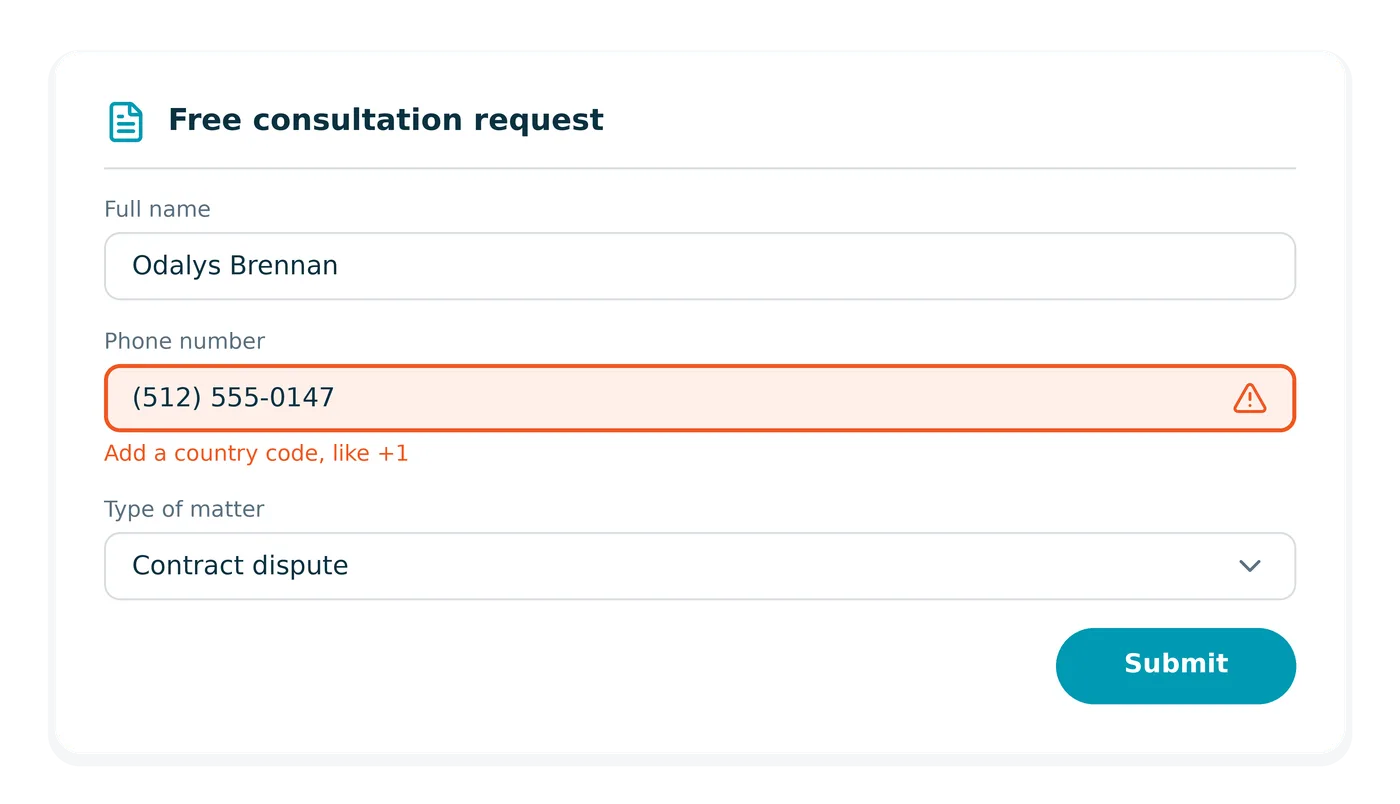 Online lead form with a phone number field showing an inline message asking the visitor to correct the entry before submitting