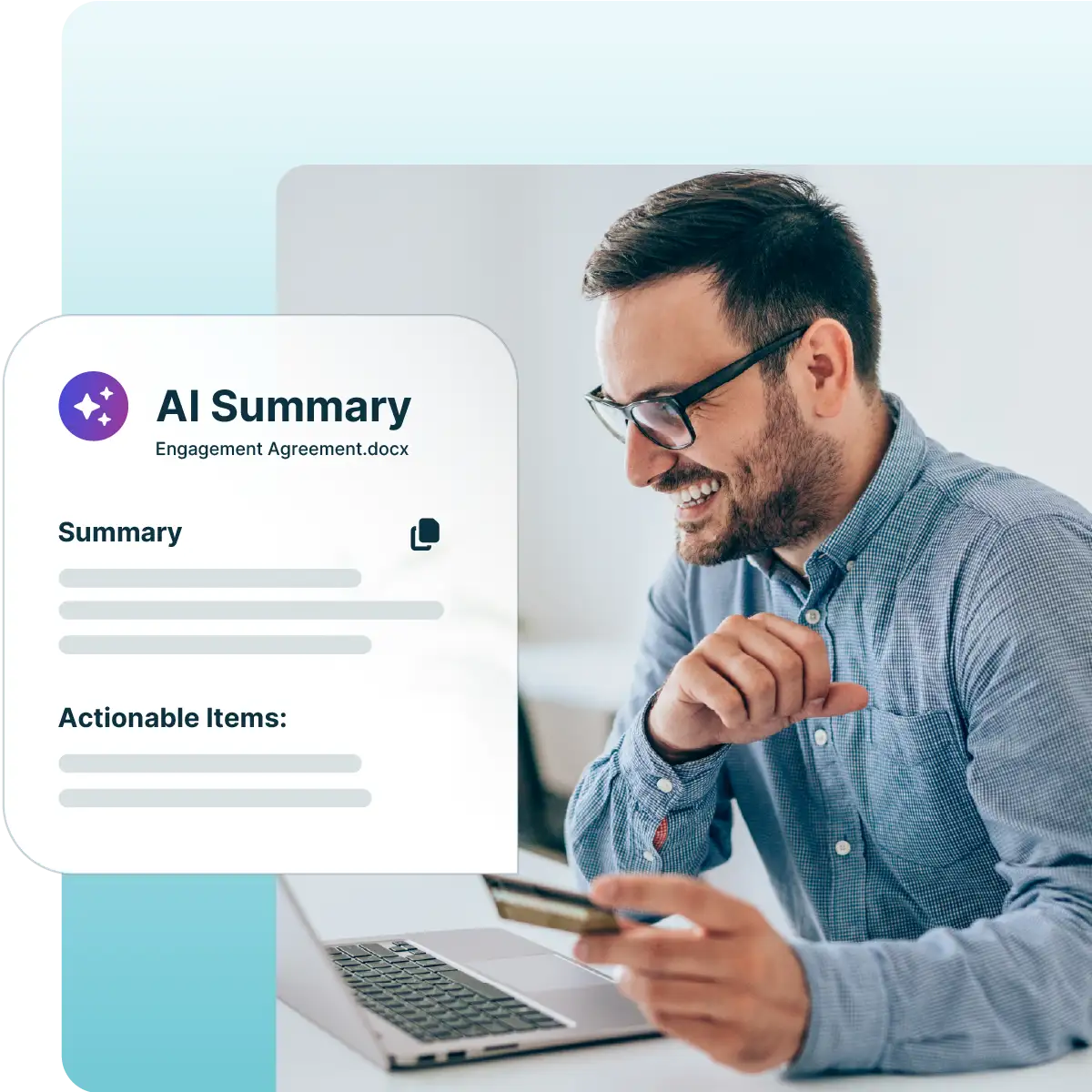 Man in glasses smiling while using a smartphone at a desk with a laptop. Overlay graphics display AI-powered meeting summaries and actionable insights, illustrating productivity and workflow automatio