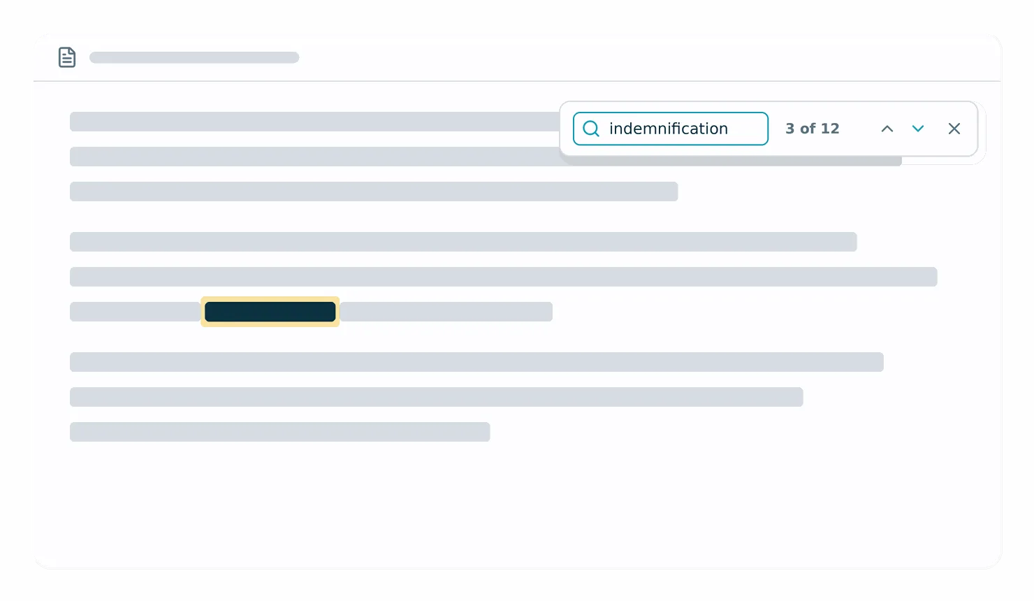 Document template editor with a find bar showing a search term, a 3 of 12 match count and next and previous arrows, with one matching phrase highlighted.