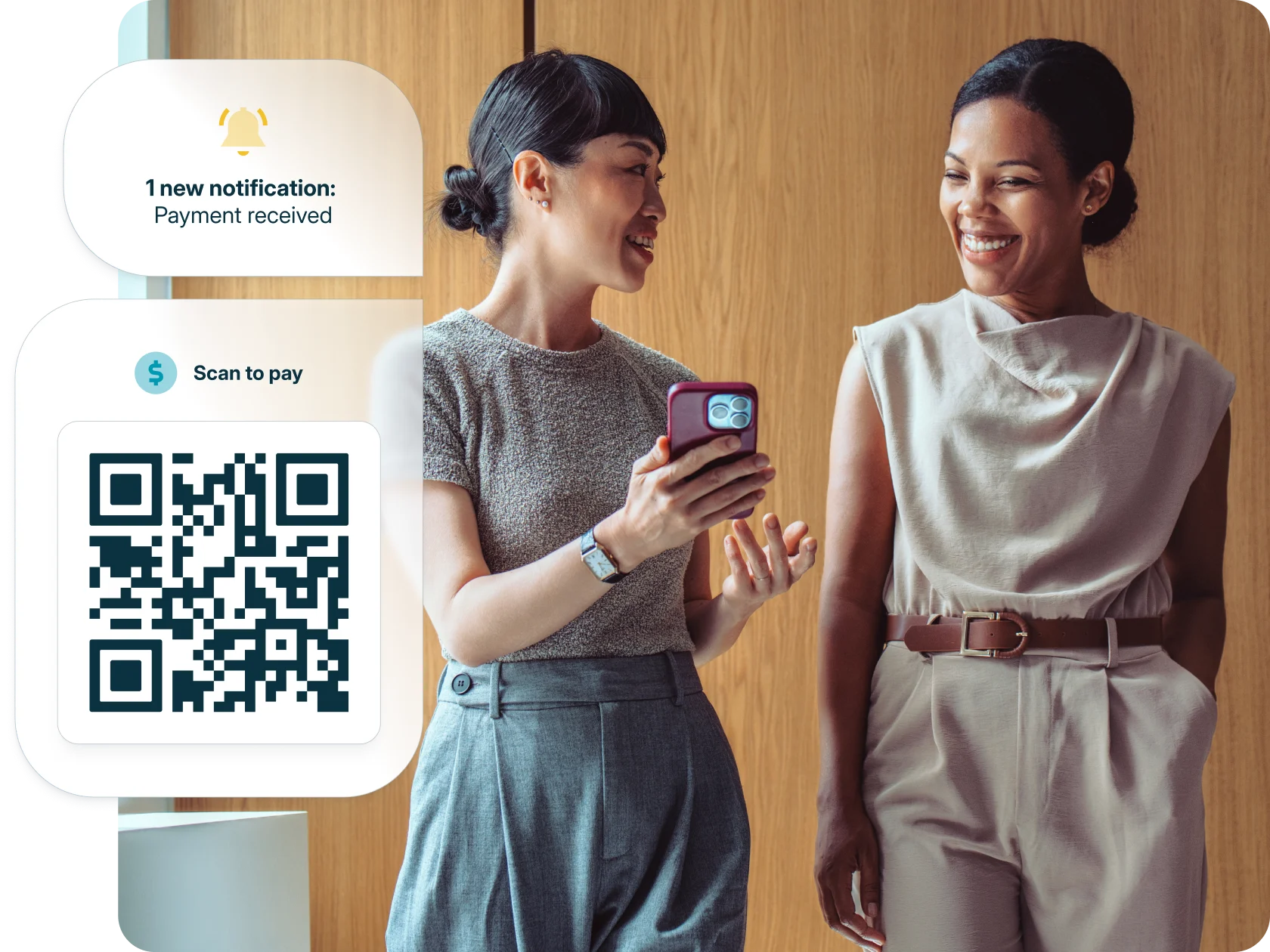 Two people talking with a feature highlight for CPACharge QR code payments