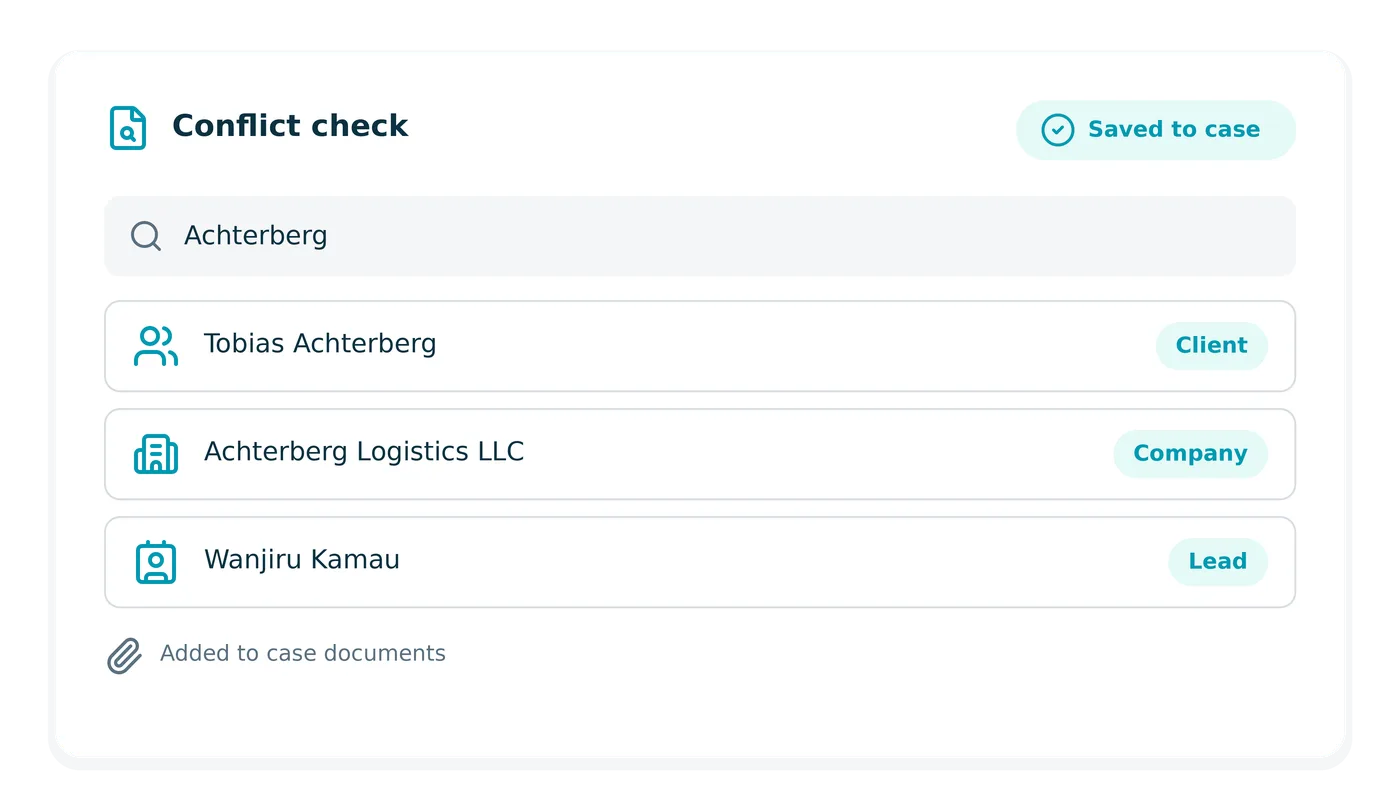 Saved conflict check PDF listing matching clients, companies, and leads, with the Expanded Search toggle shown