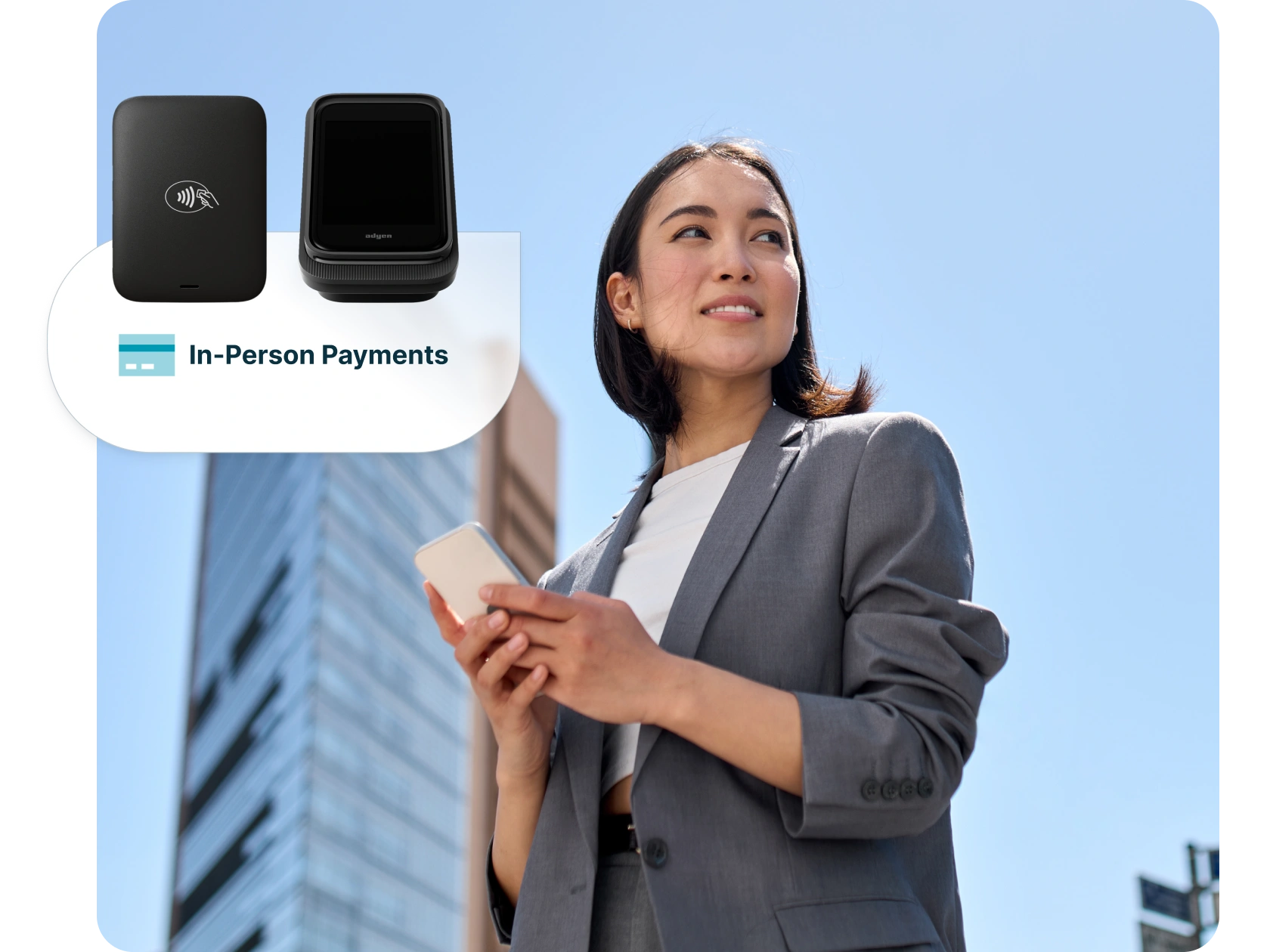 Professional using in-person payment device for secure billing and accounting transactions in a modern business setting