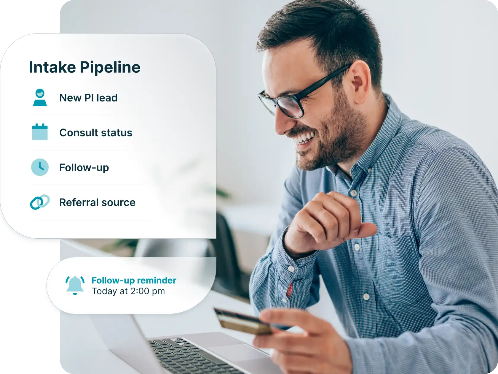 Lawyer reviewing new clients with intake pipeline features callout