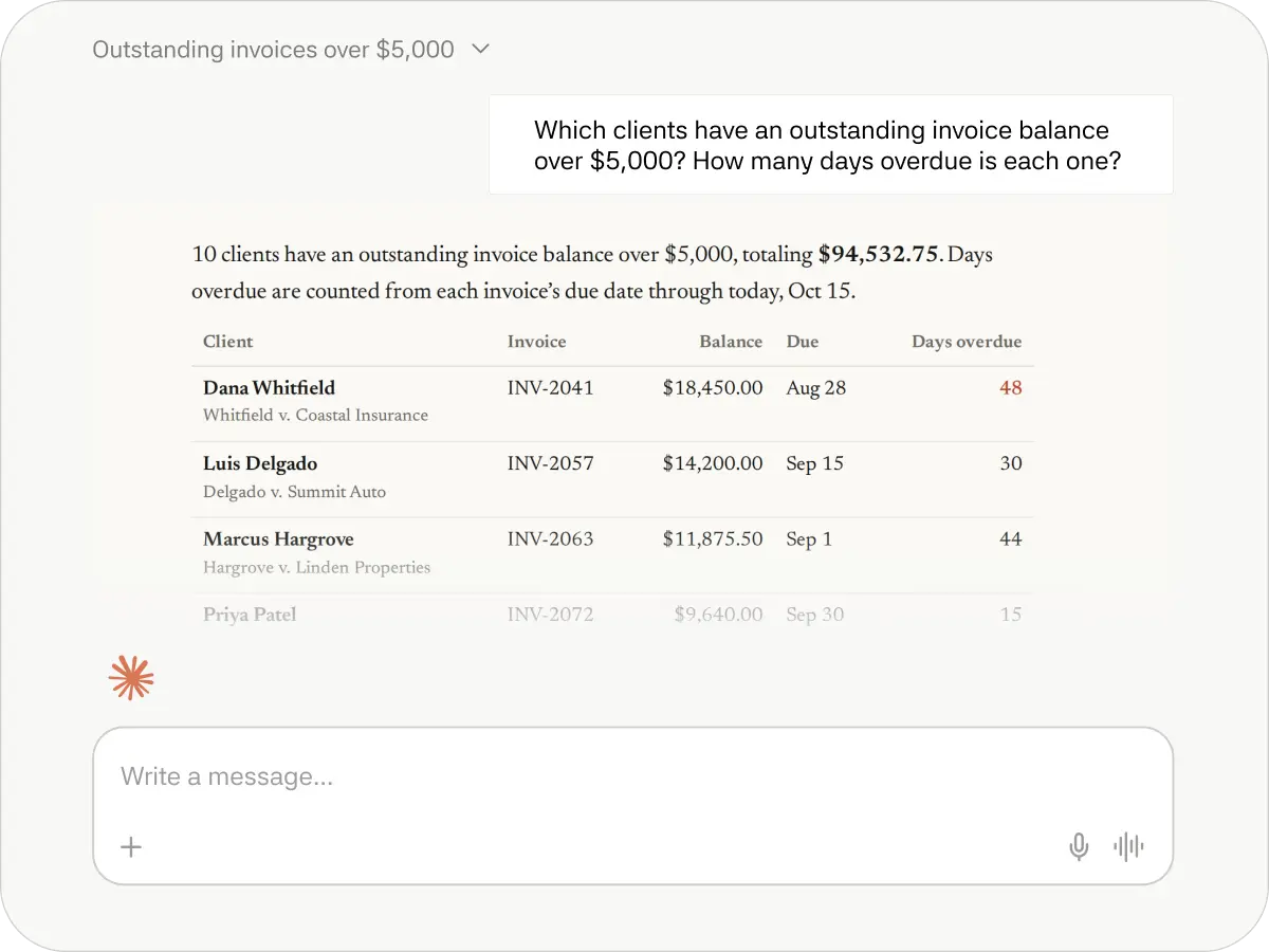 MyCase MCP - Showing "Outsnatding invoices balance over $5000"