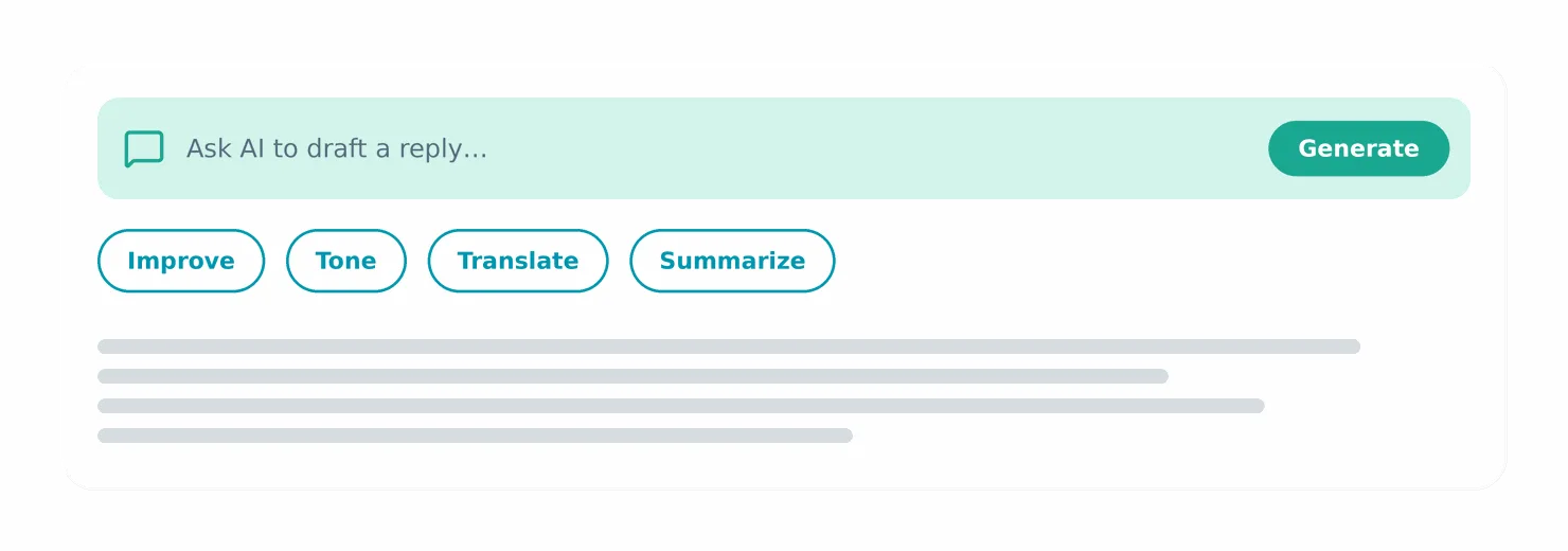 New message composer with an AI drafting bar and Generate button, plus Improve, Tone, Translate and Summarize options above a drafted message.