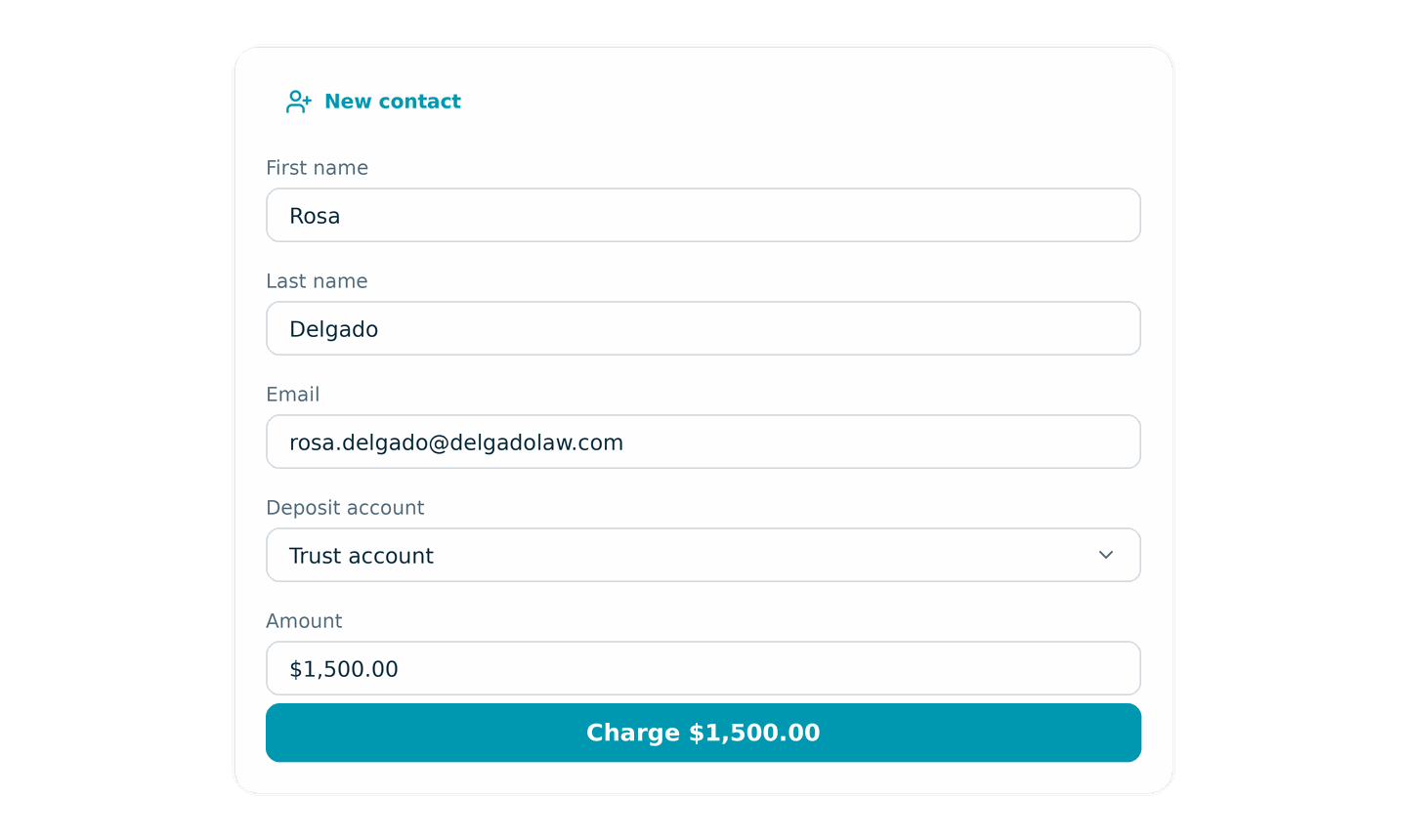 A 'Charge a client' form with New contact fields (first name, last name, email), a Deposit account dropdown set to Trust account, an amount, and a Charge button.