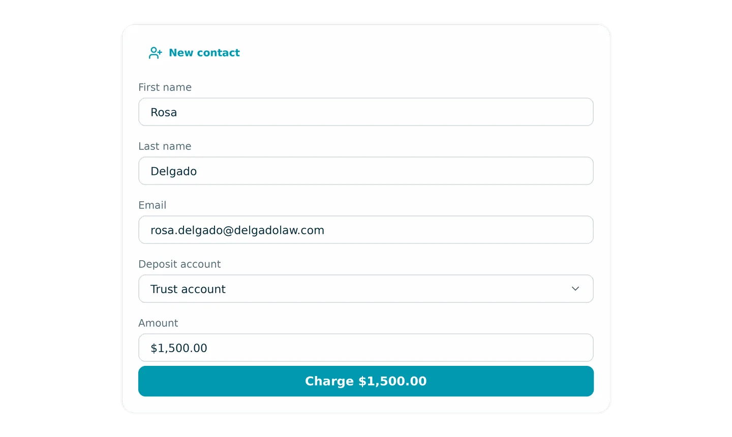 A 'Charge a client' form with New contact fields (first name, last name, email), a Deposit account dropdown set to Trust account, an amount, and a Charge button.