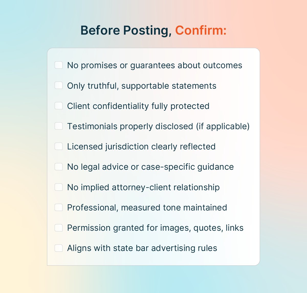 Social media ethics checklist for lawyers showing 10 compliance guidelines including confidentiality, advertising rules, and professional conduct