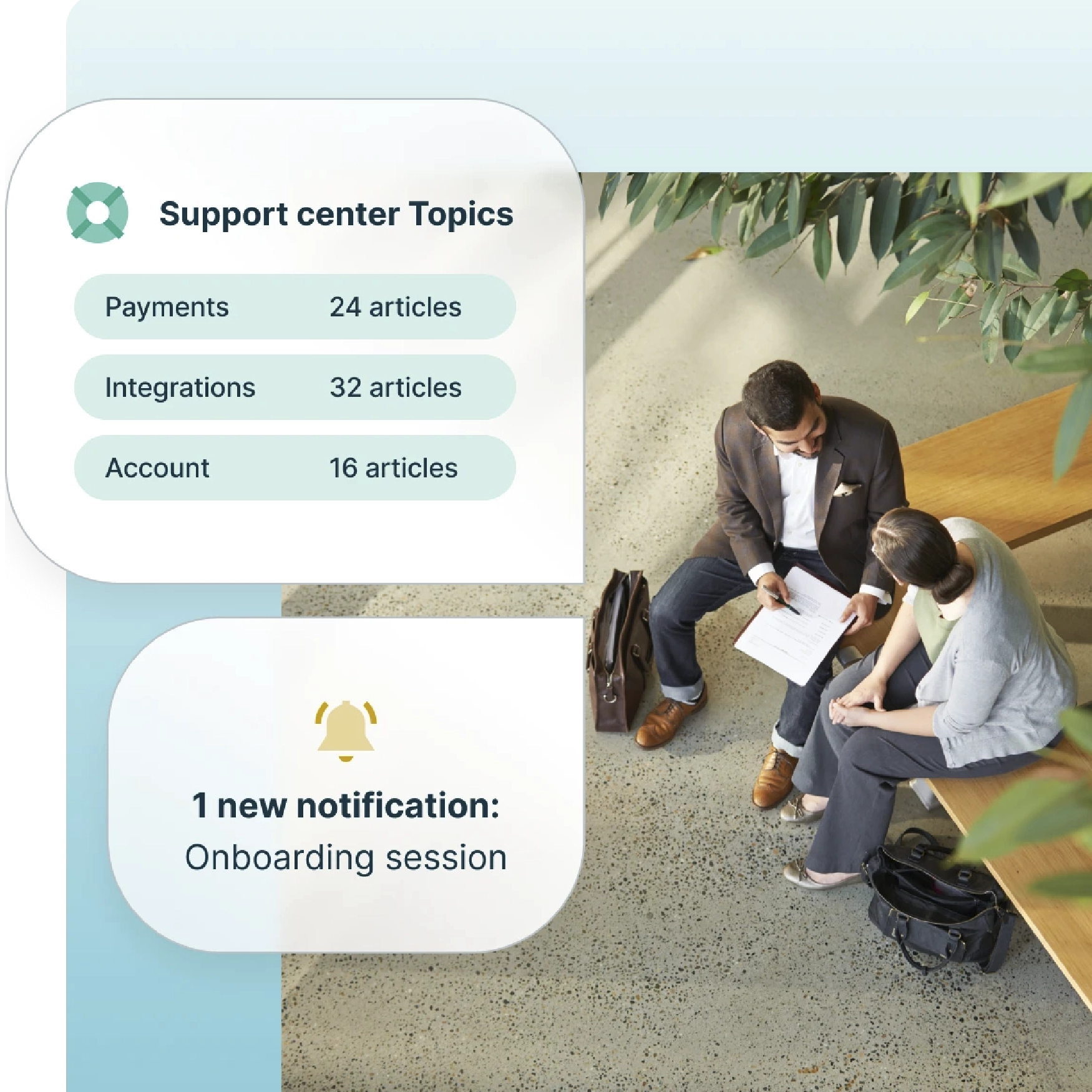 Two people sit on wooden benches in a modern office space, discussing papers. On the left, a support center panel lists topics: Payments (24 articles), Integrations (32), Account (16), and an onboarding notification.