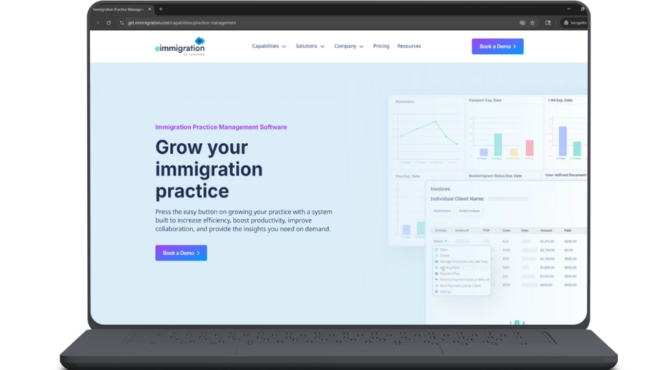 A laptop with the eimmigration by Cerenade homepage on the screen