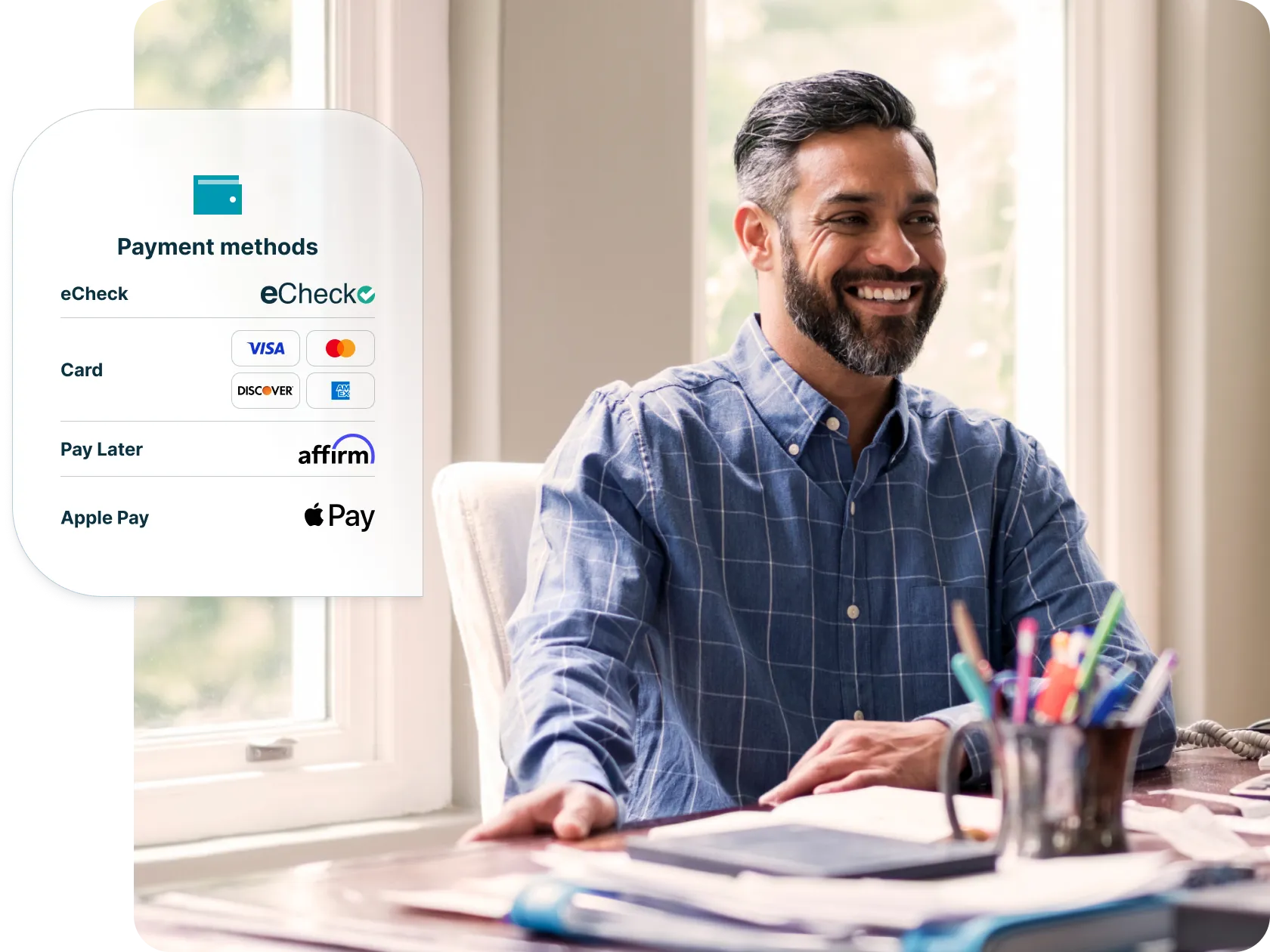 Payment method options showing echeck, credit cards, and pay later, Apple Pay