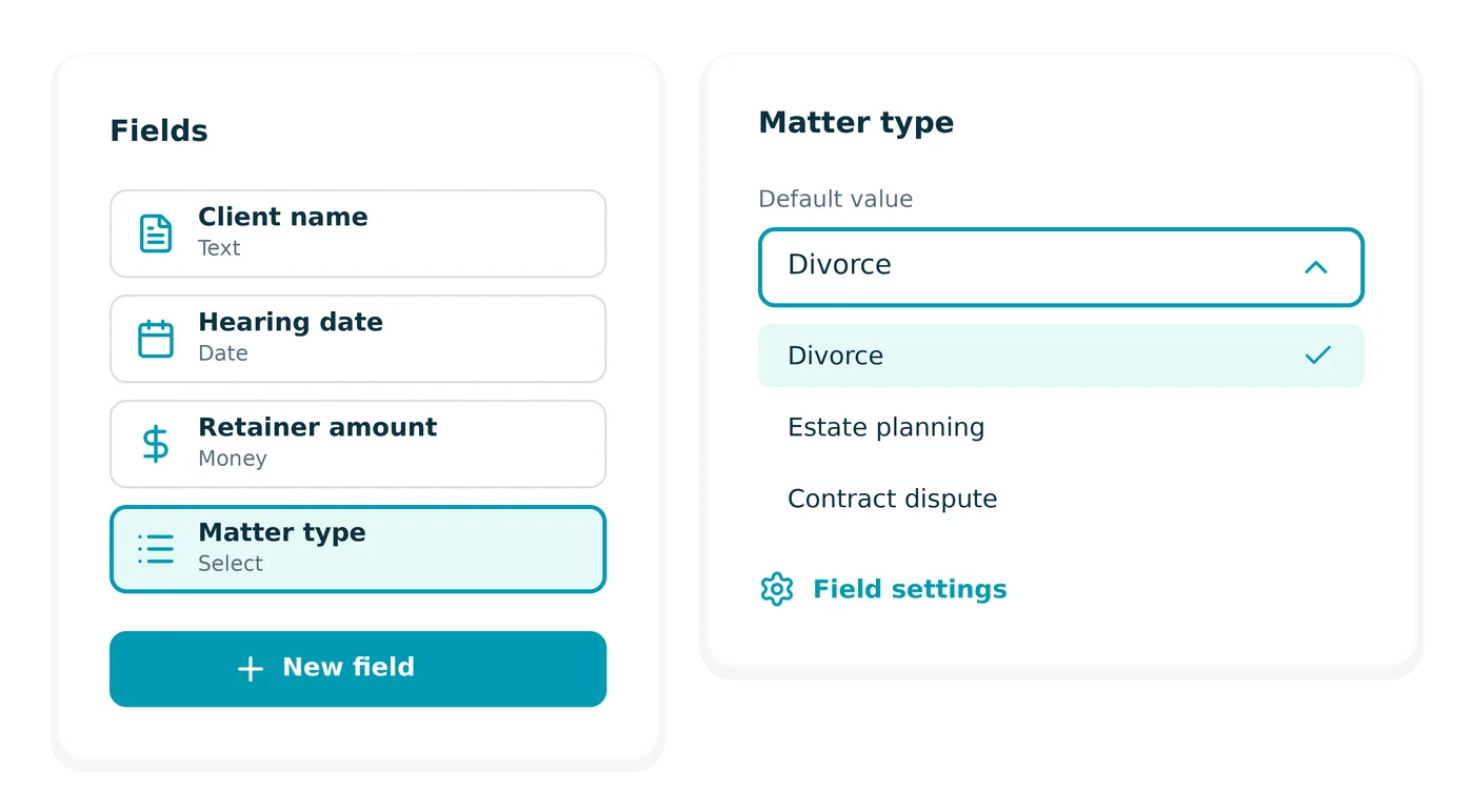 Doc Gen template editor with a field popover open for setting a default value, and an Insert Field menu in the toolbar