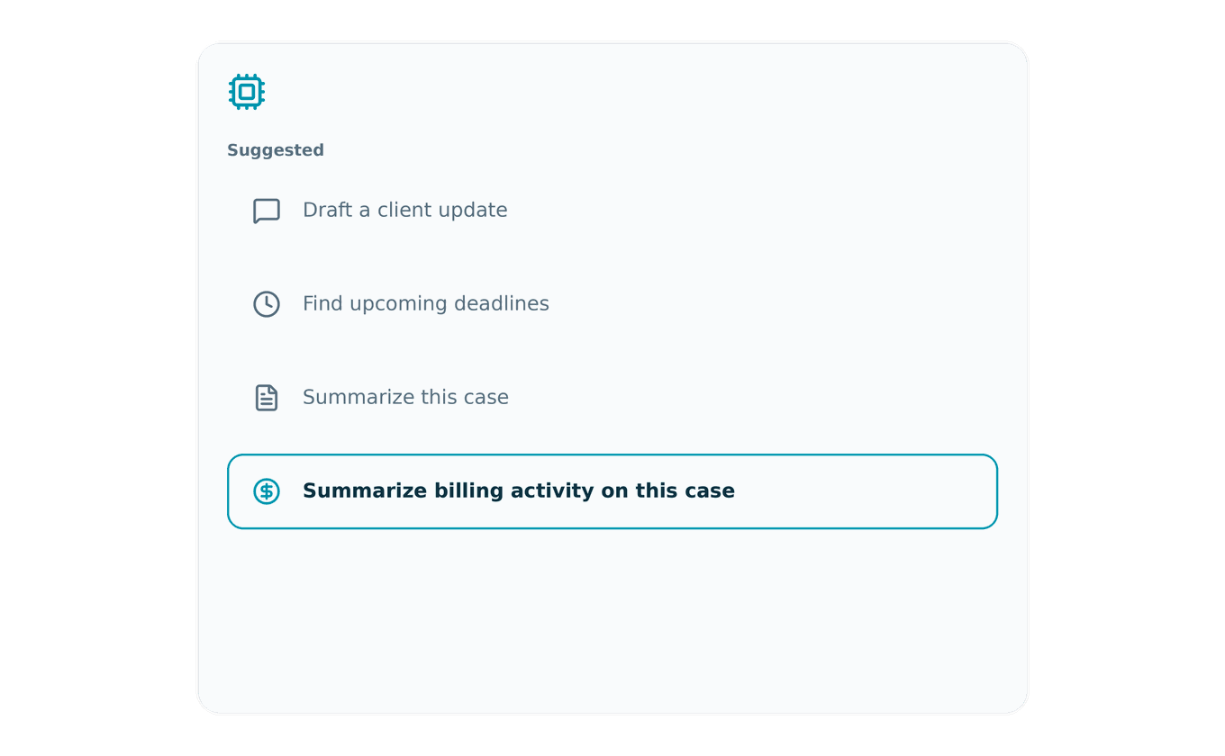 An assistant panel of suggested prompt chips with a highlighted 'Summarize billing activity on this case' option.