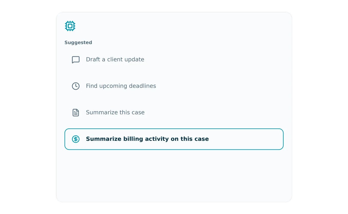 An assistant panel of suggested prompt chips with a highlighted 'Summarize billing activity on this case' option.