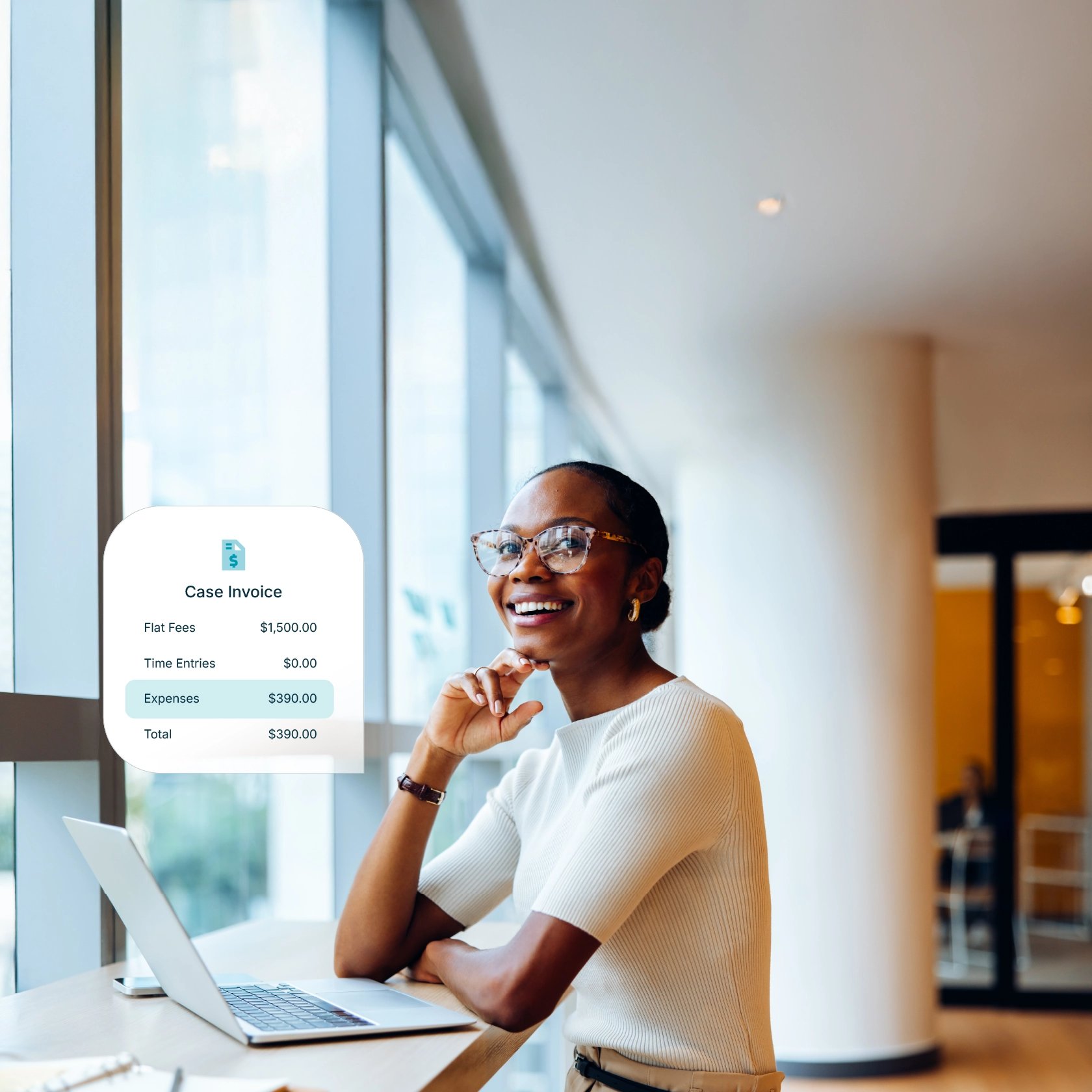 A business professional with glasses sits at a desk with a laptop in a modern office. An invoice is digitally overlaid, showing fees, expenses, and a total of $390.