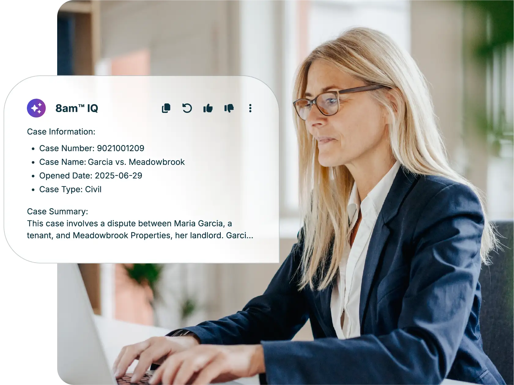 female business professional working at laptop, a bubble pop up shows a AI generated case summary tool