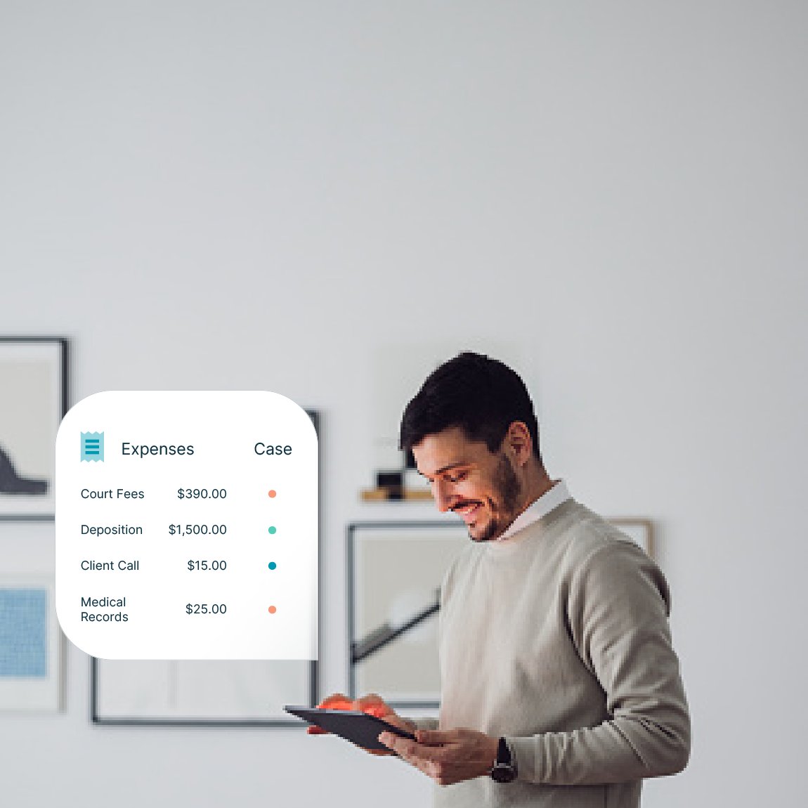  Professional reviewing expense management dashboard with receipts and categorized expenses for law firm billing accuracy.