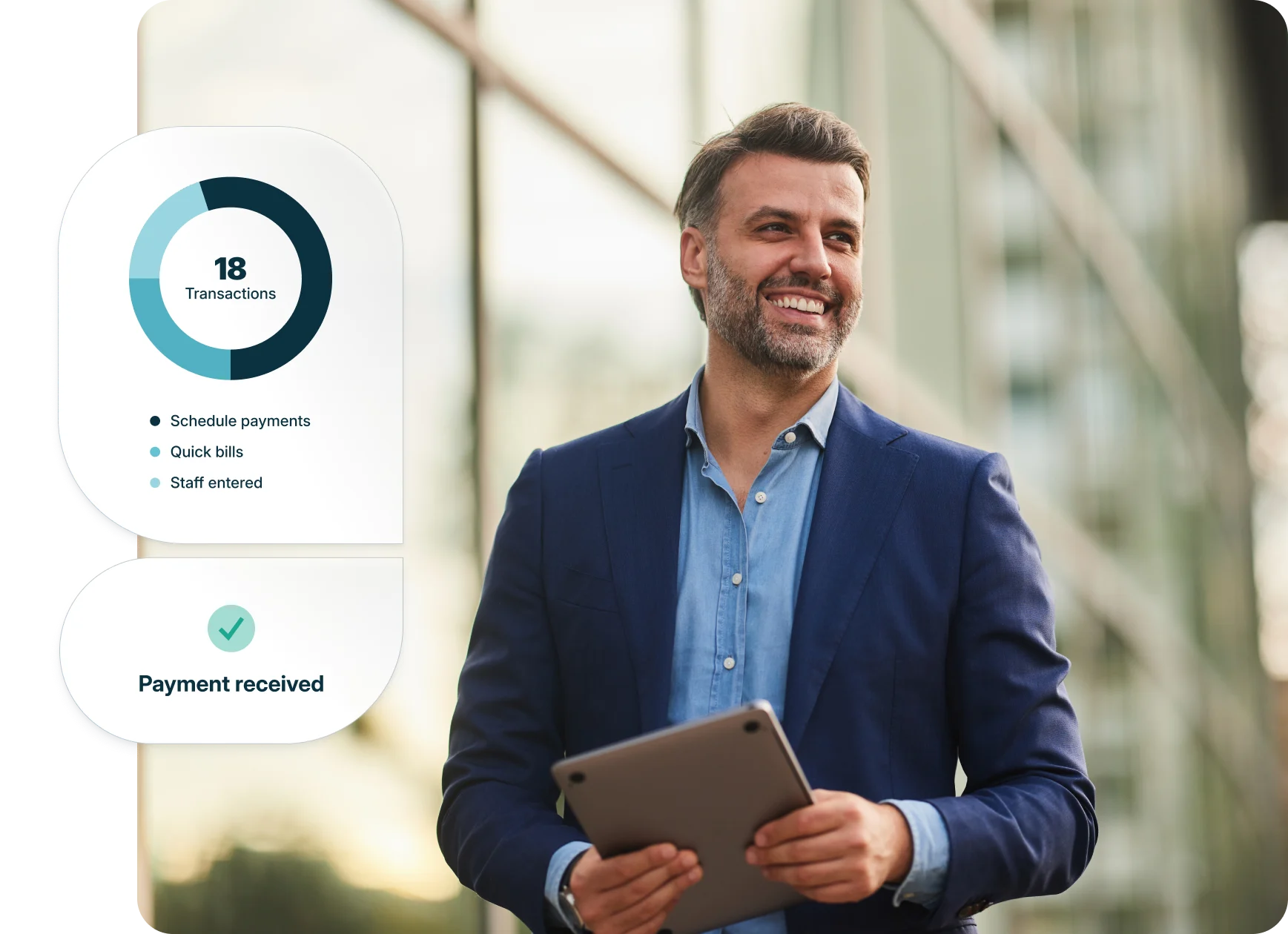 A man smiles after receiving a payment on his ClientPay dashboard.