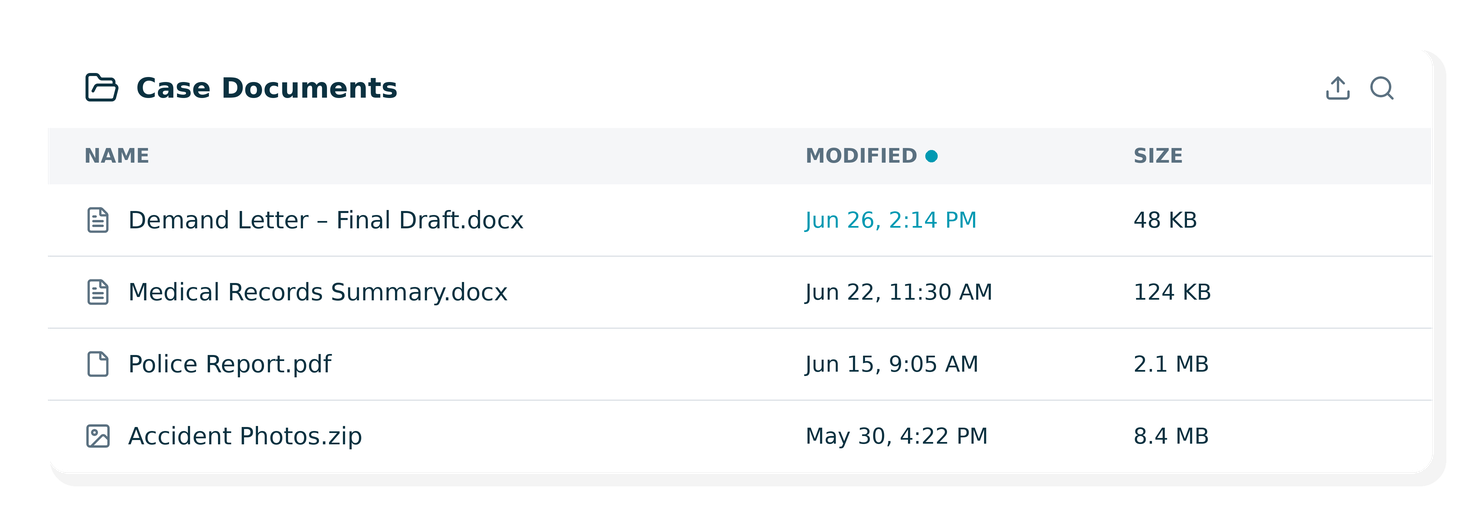CasePeer document storage screen with last modified date