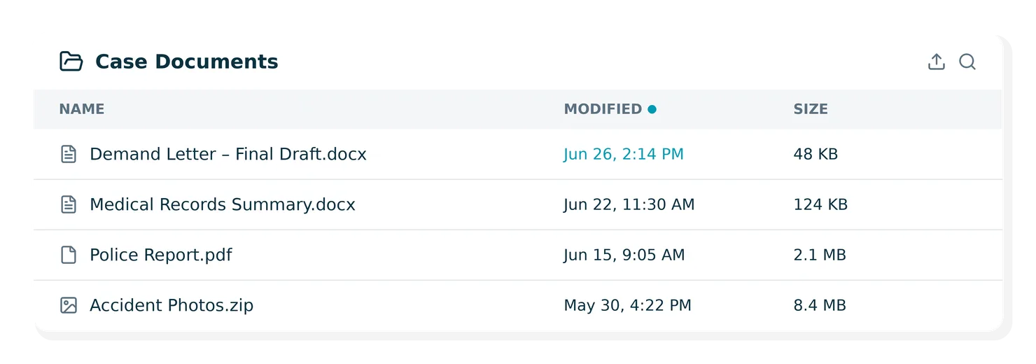 CasePeer document storage screen with last modified date