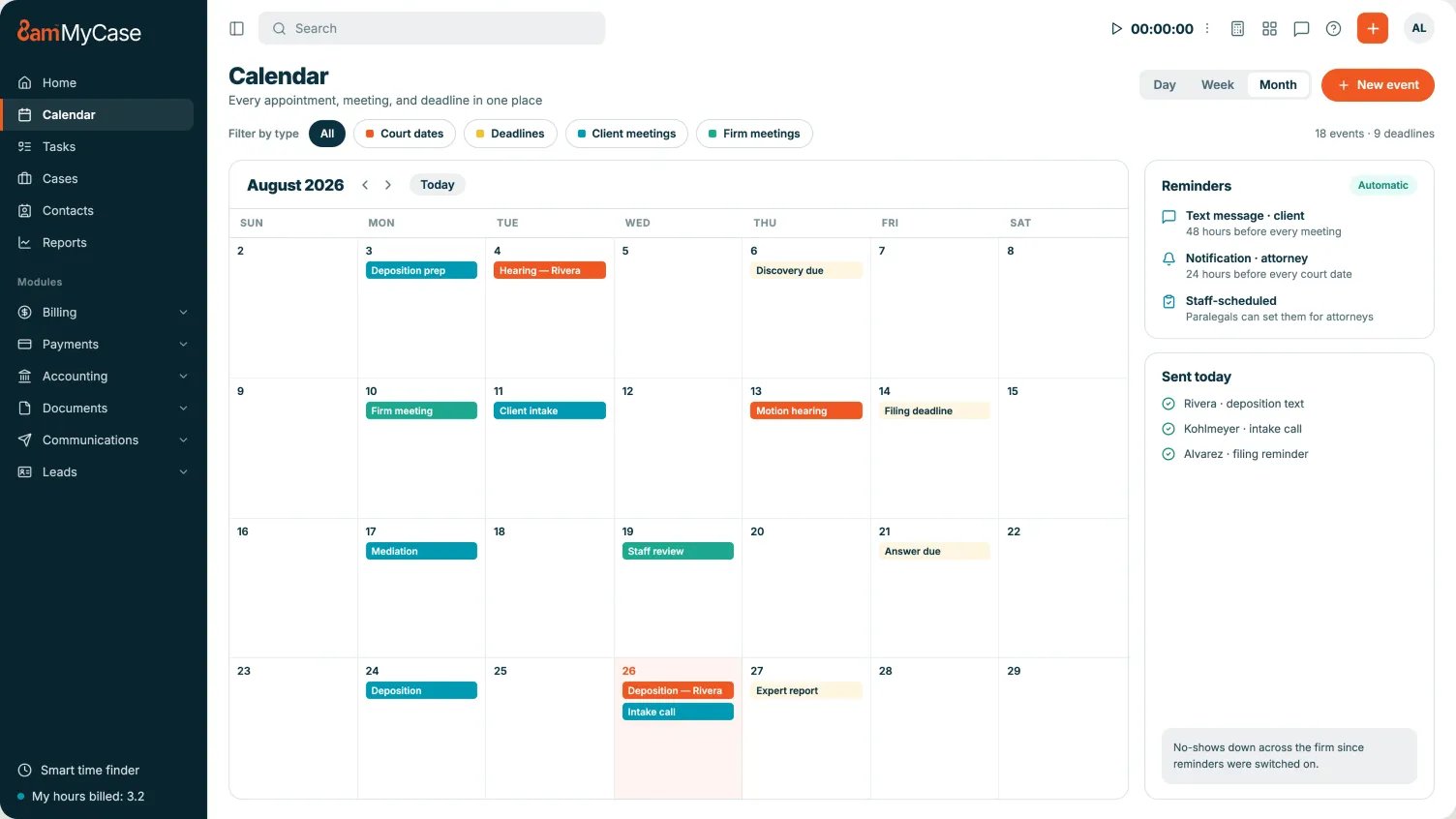 MyCase legal case management: calendaring feature