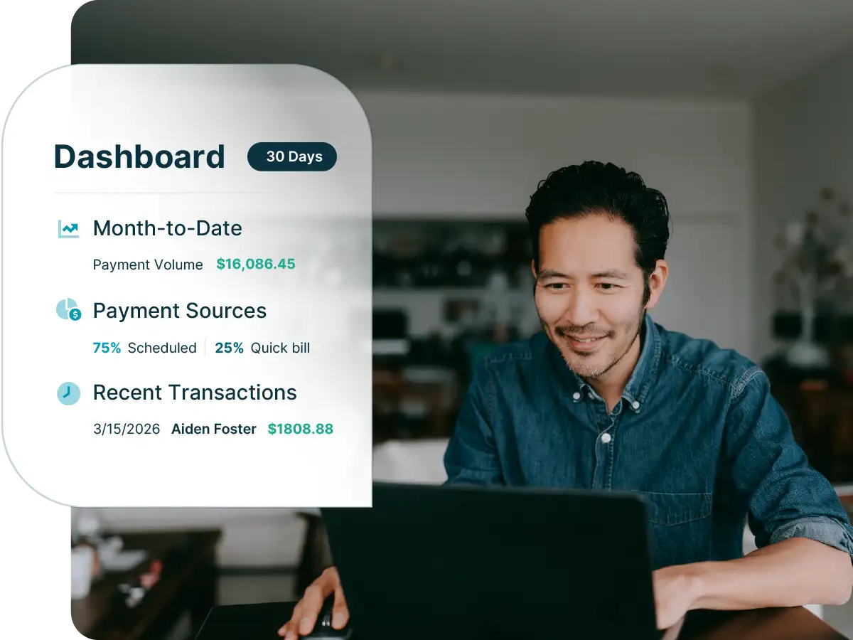 Payment reporting dashboard showing month-to-date volume, payment sources, and recent transactions while a professional reviews financial data on a laptop.