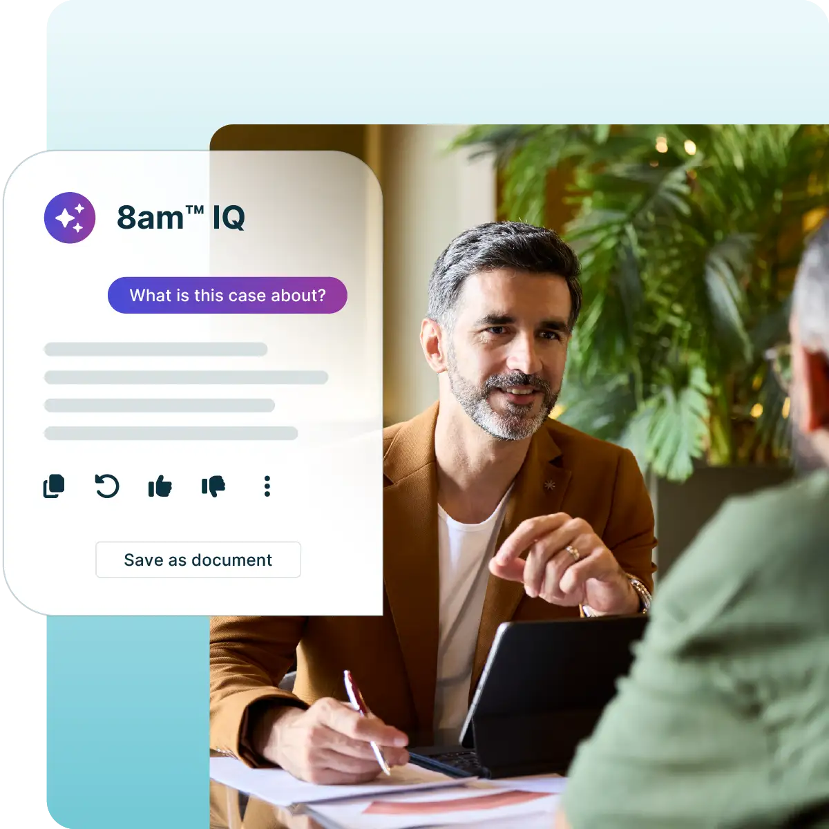 Professional meeting between two colleagues at a desk, with an 8am™ IQ interface overlay showing case analysis tools, notes, and document-saving options, highlighting AI-assisted legal workflow support.