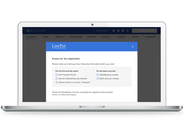A laptop showing a LawPay payment screen within the Bill4Time online dashboard