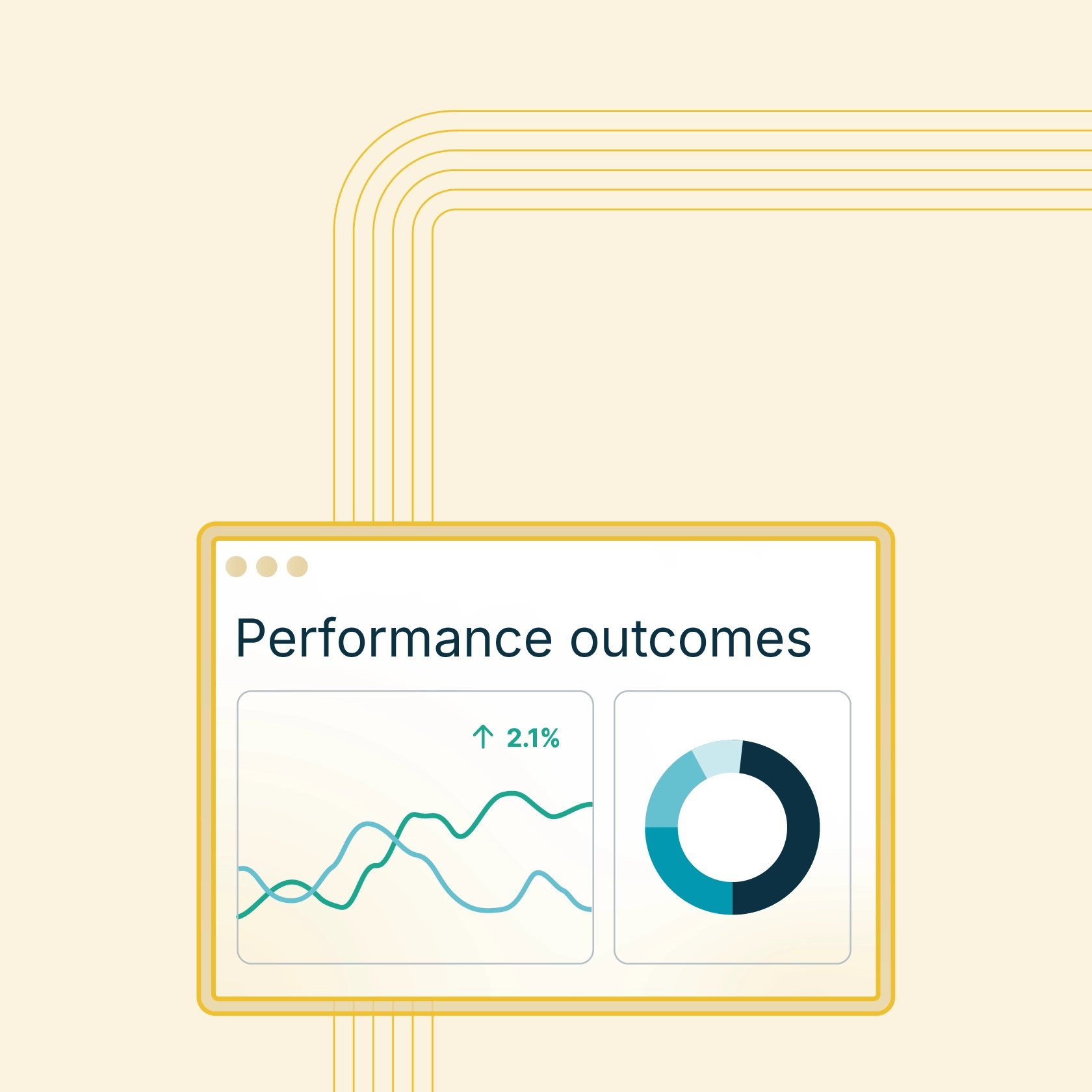 A stylized computer window displays the text "Performance outcomes" with a line graph showing upward trends and a segmented donut chart.