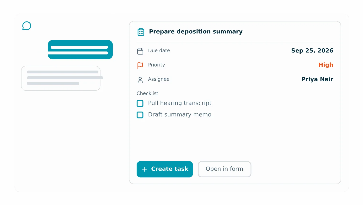 IQ chat with a proposed task card titled Prepare deposition summary showing due date, priority, assignee, and a checklist, with Create task and Open in form buttons.