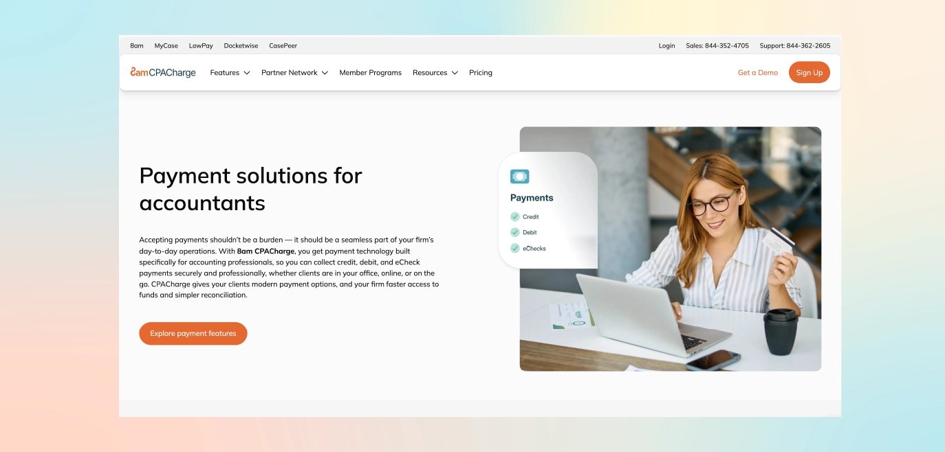 CPACharge payments homepage screenshot