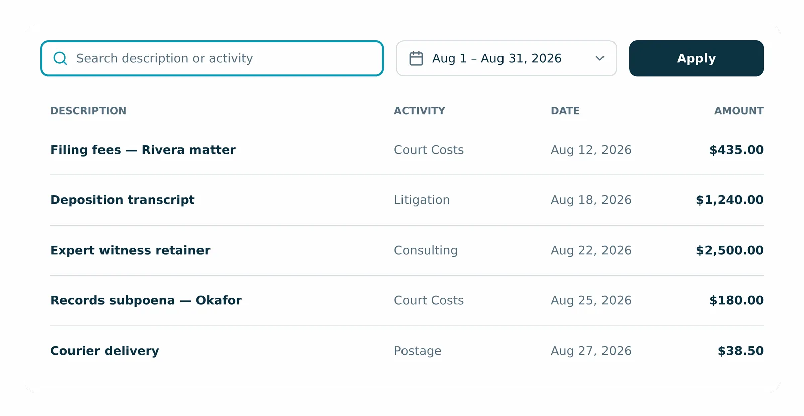 Expenses page with new search and date-range filters (Aug 1 – Aug 31, 2026) and an Apply button above an expenses list with Description, Activity, Date, and Amount columns