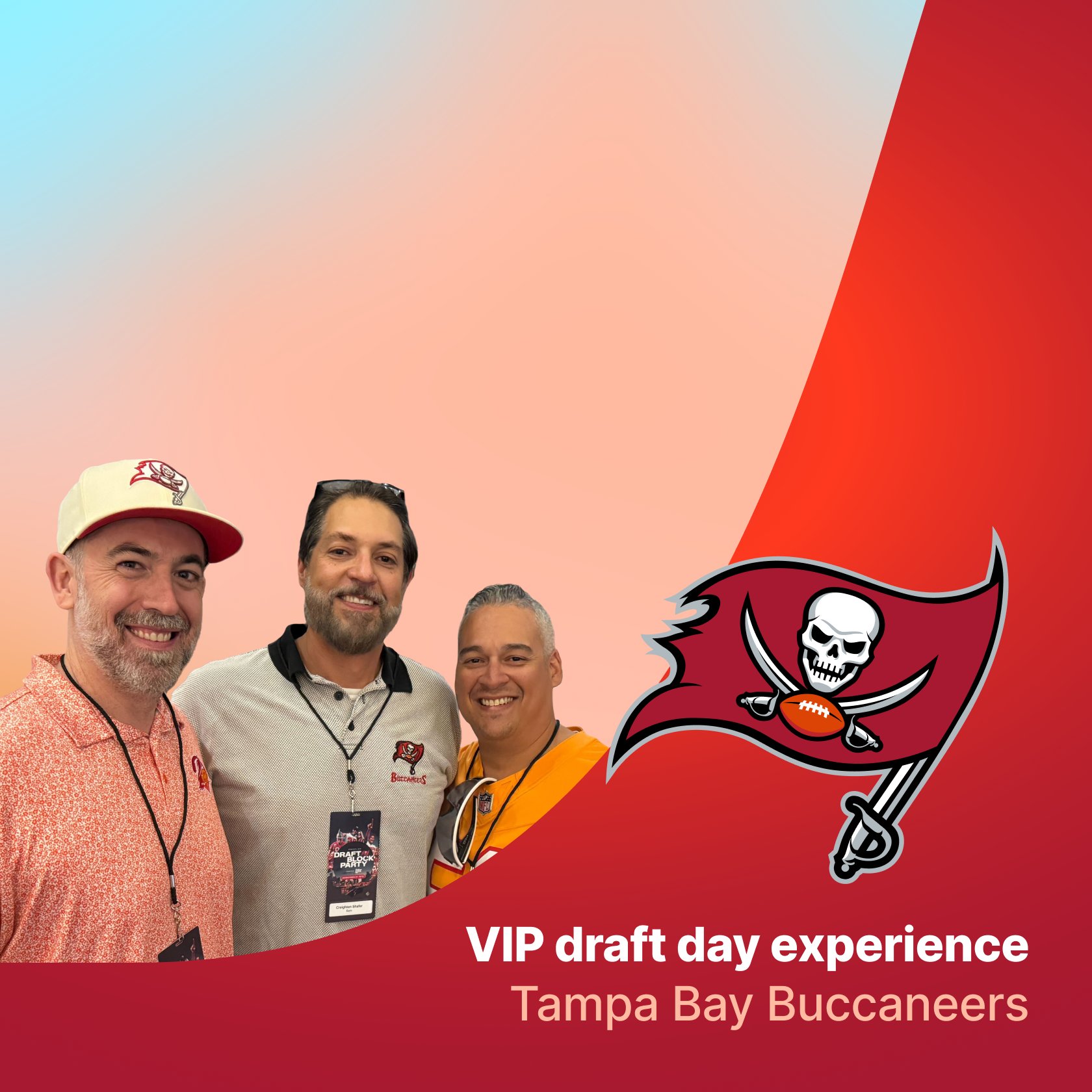 Three 8am customers posing beside a Tampa Bay Buccaneers logo graphic