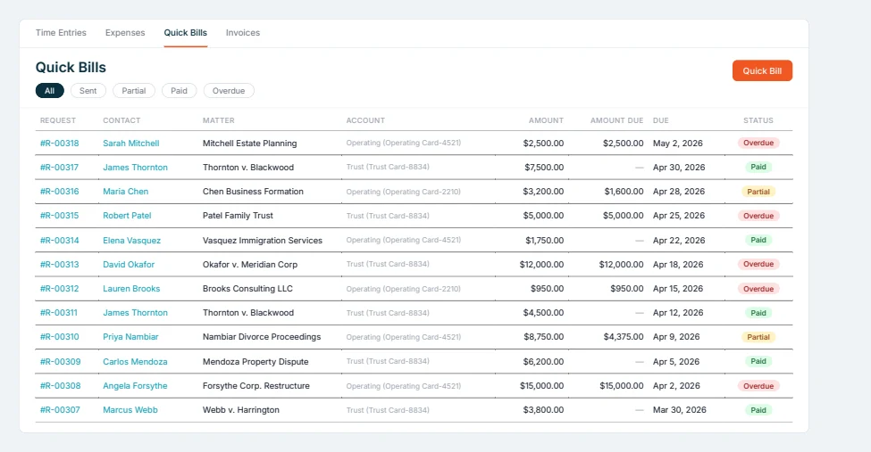 LawPay invoice dashboard with invoices listed