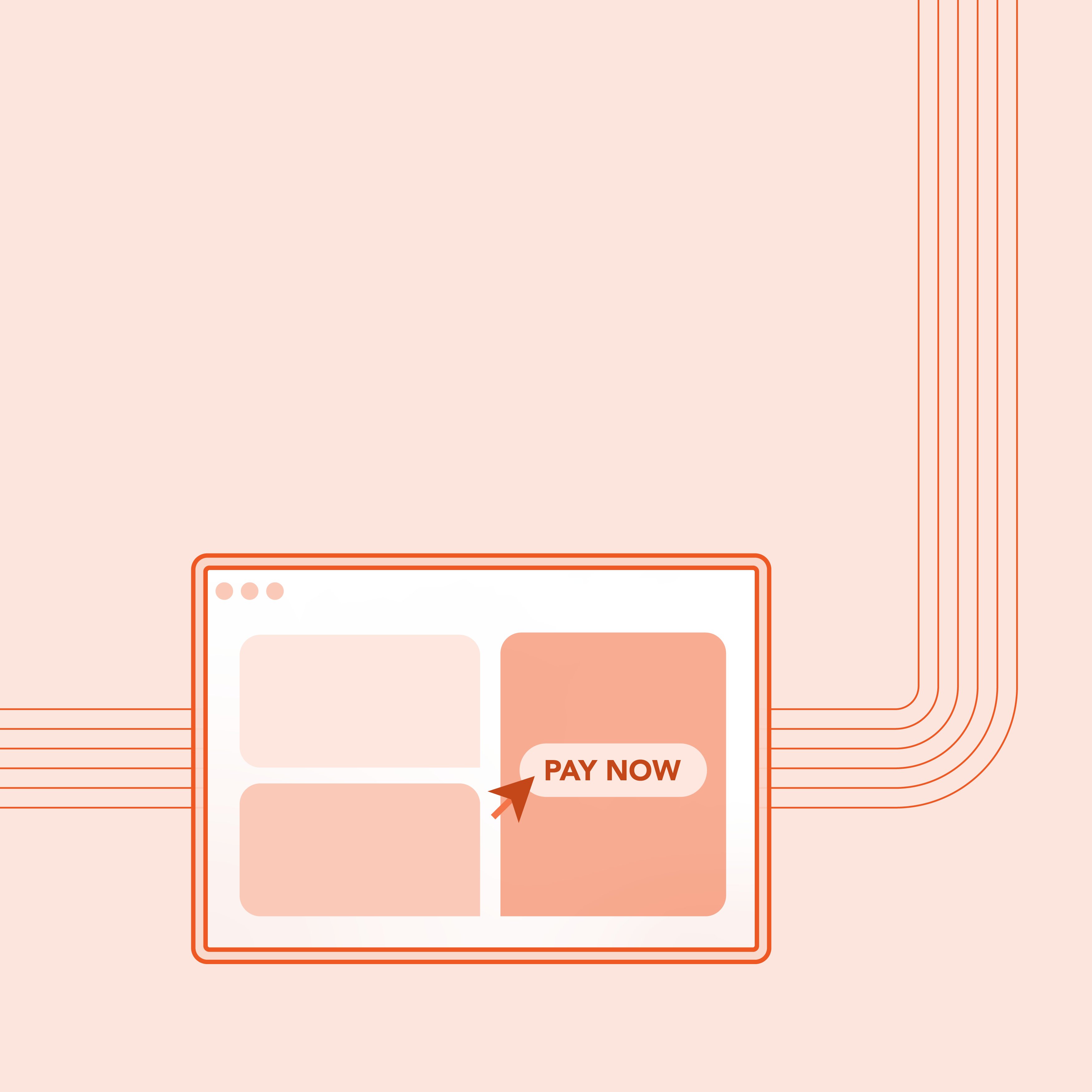 An illustration of a web browser window with a PAY NOW button being clicked, representing how payment links work. Lines extend to the upper right, suggesting digital transactions. 